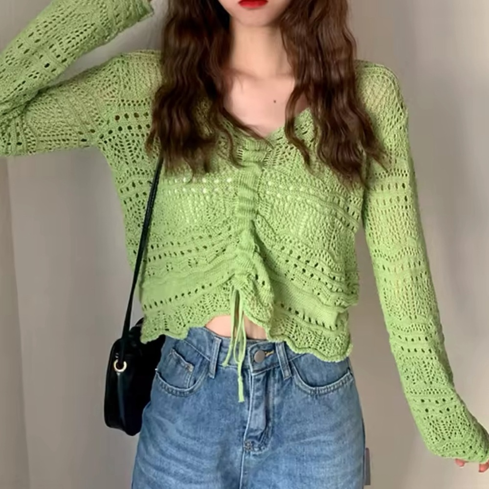 Crochet V Neck Knit Top Long Sleeves